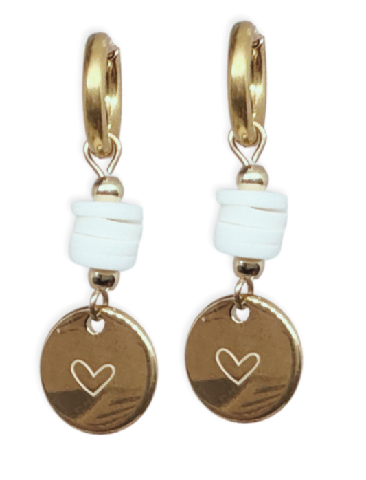 Oorbellen hart coin small - goud/wit